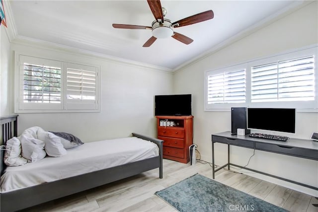 467 W Casad St, Covina, CA 91723 - bedroom with ornamental molding, vaulted ceiling, an office area, wood finished floors, and a ceiling fan