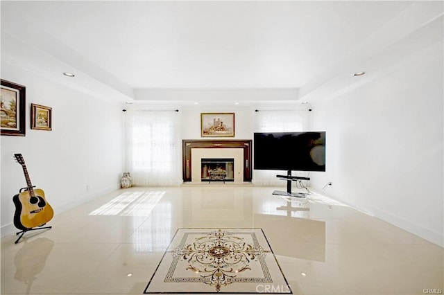 22329 Plummer St, Chatsworth, CA 91311 - unfurnished living room with a fireplace with raised hearth, a tray ceiling, tile patterned flooring, and recessed lighting