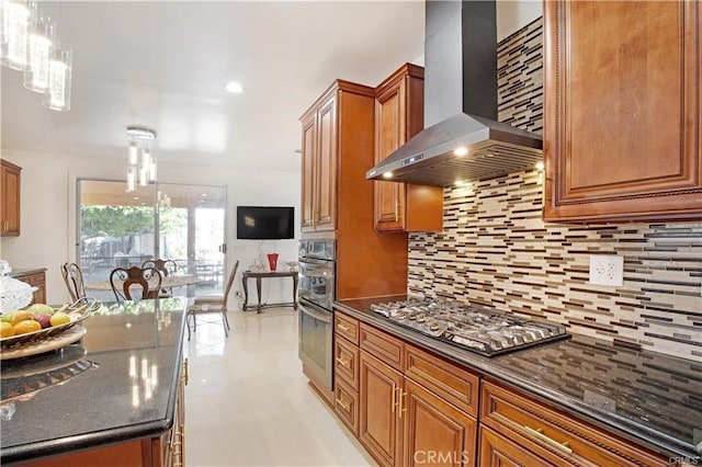 22329 Plummer St, Chatsworth, CA 91311 - kitchen featuring wall chimney exhaust hood, stainless steel appliances, brown cabinetry, decorative backsplash, and recessed lighting