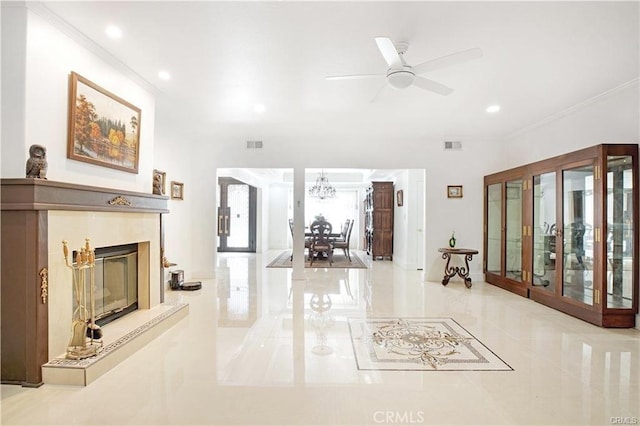 22329 Plummer St, Chatsworth, CA 91311 - foyer entrance with tile patterned flooring, recessed lighting, a chandelier, ceiling fan, and crown molding