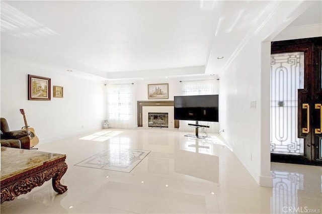 22329 Plummer St, Chatsworth, CA 91311 - tiled living area with a raised ceiling and a glass covered fireplace