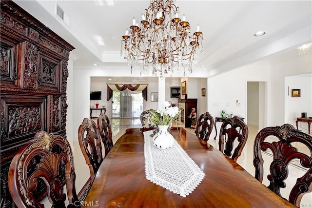 22329 Plummer St, Chatsworth, CA 91311 - dining room featuring ornamental molding, a chandelier, recessed lighting, and a raised ceiling