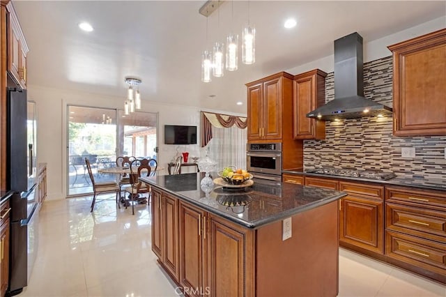 22329 Plummer St, Chatsworth, CA 91311 - kitchen featuring wall chimney range hood, stainless steel appliances, brown cabinetry, and recessed lighting