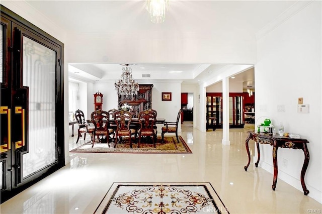 22329 Plummer St, Chatsworth, CA 91311 - tiled dining room with crown molding, a chandelier, a raised ceiling, and recessed lighting