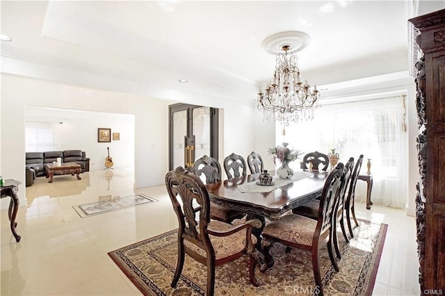 22329 Plummer St, Chatsworth, CA 91311 - dining space featuring plenty of natural light, a chandelier, a raised ceiling, and recessed lighting