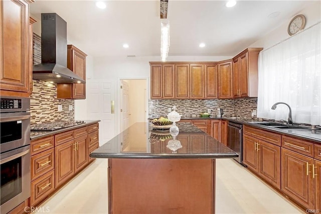 22329 Plummer St, Chatsworth, CA 91311 - kitchen featuring wall chimney exhaust hood, stainless steel appliances, a center island, brown cabinetry, and tasteful backsplash