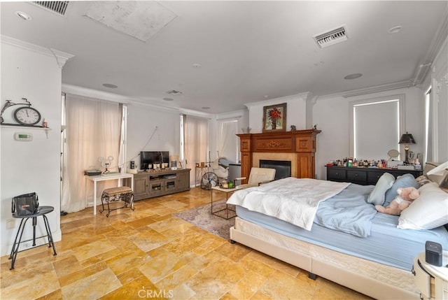 919 S Gretna Green Way, Los Angeles, CA 90049 - bedroom with ornamental molding, a fireplace, stone tile floors, and recessed lighting