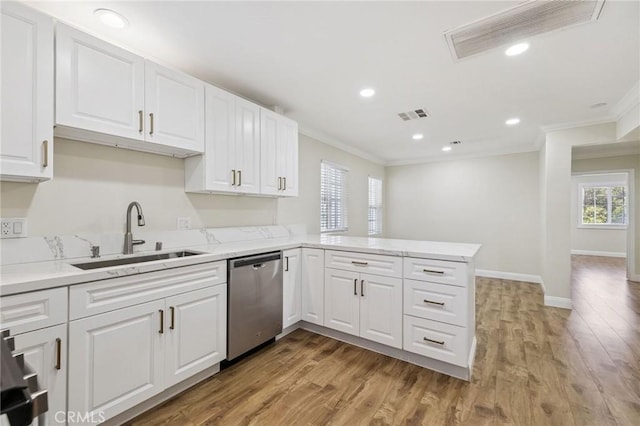 2104 Crenshaw Blvd, Los Angeles, CA 90016 - kitchen featuring dishwasher, crown molding, white cabinets, a peninsula, and light wood finished floors