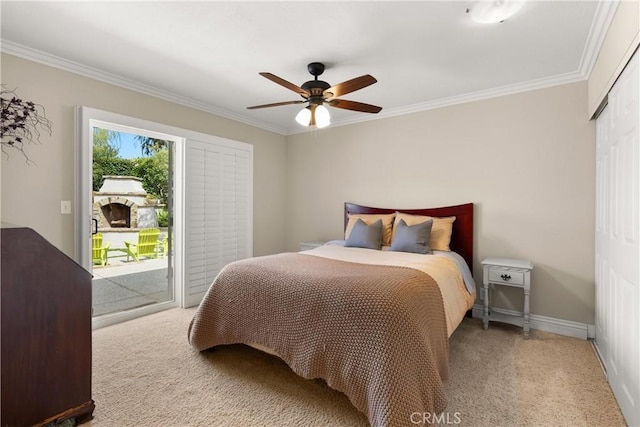1225 Carlsbad St, Placentia, CA 92870 - bedroom featuring carpet floors, access to outside, crown molding, a closet, and ceiling fan
