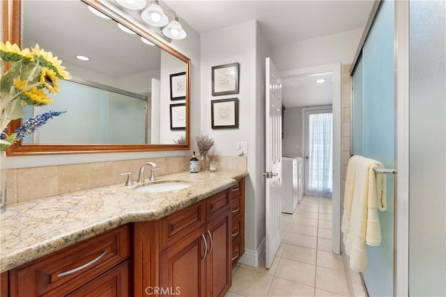 1225 Carlsbad St, Placentia, CA 92870 - bathroom featuring tile patterned floors, vanity, an enclosed shower, and recessed lighting