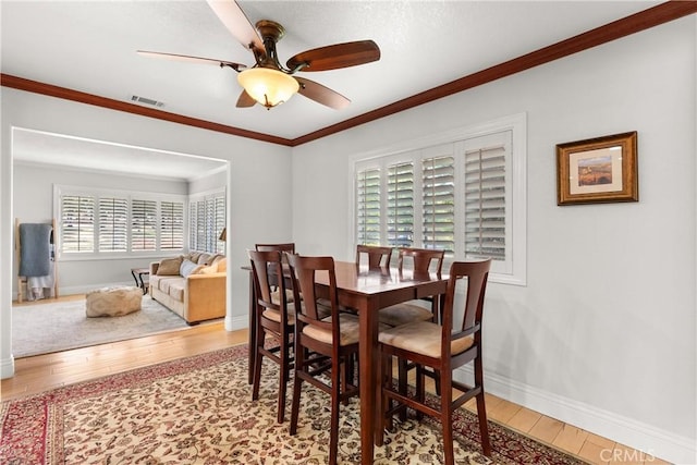 1225 Carlsbad St, Placentia, CA 92870 - dining area with hardwood / wood-style flooring, a ceiling fan, and ornamental molding
