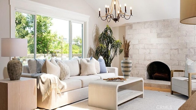 23782 Lagarto, Mission Viejo, CA 92691 - living room with lofted ceiling, a chandelier, and a fireplace with raised hearth