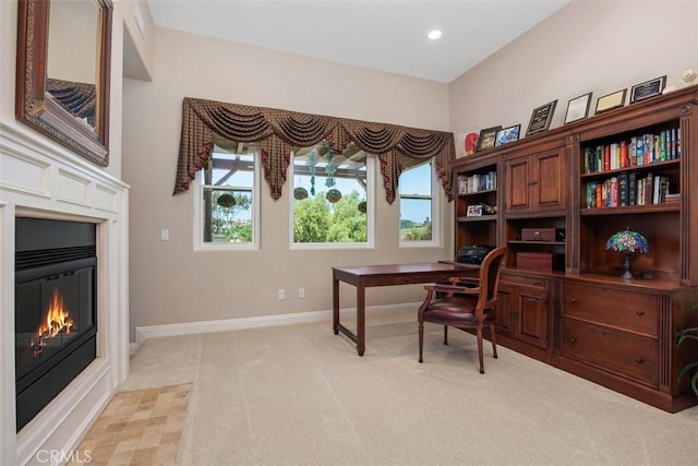 2841 Dos Lomas Pl, Fallbrook, CA 92028 - office featuring light carpet, a glass covered fireplace, and recessed lighting