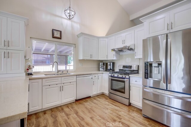 13418 Palm Pl, Cerritos, CA 90703 - kitchen with appliances with stainless steel finishes, under cabinet range hood, light countertops, high vaulted ceiling, and white cabinets
