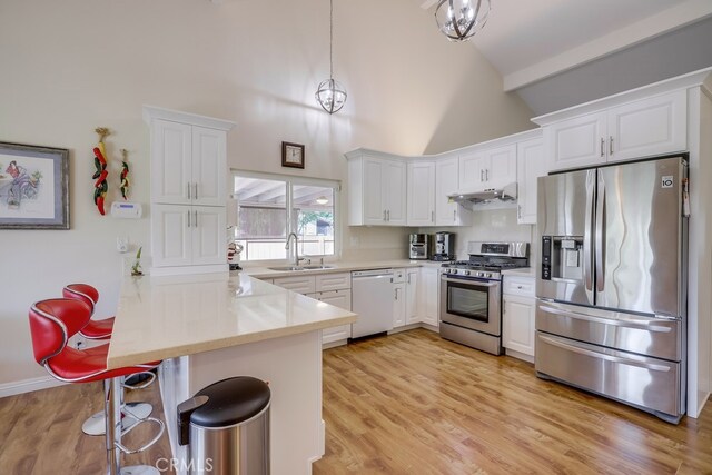 13418 Palm Pl, Cerritos, CA 90703 - kitchen featuring stainless steel appliances, under cabinet range hood, white cabinetry, a peninsula, and high vaulted ceiling