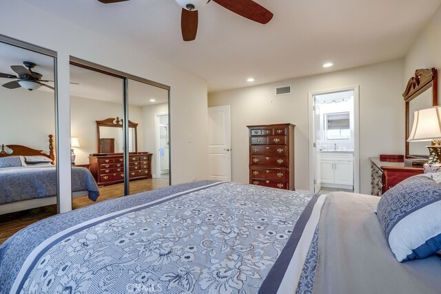 13418 Palm Pl, Cerritos, CA 90703 - bedroom featuring recessed lighting, wood finished floors, ensuite bathroom, and ceiling fan
