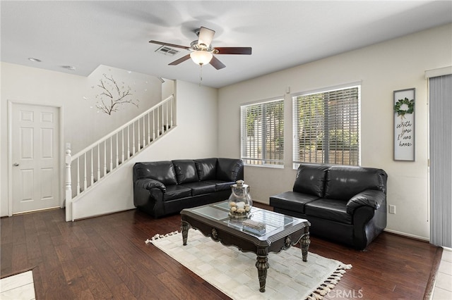 544 W Elm Park Ave, Rialto, CA 92376 - living area featuring hardwood / wood-style floors, a ceiling fan, and stairs