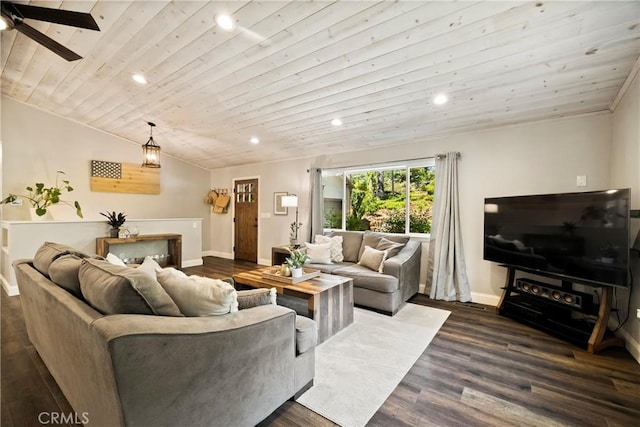 15320 Forest Ranch Way, Forest Ranch, CA 95942 - living area with recessed lighting, wood ceiling, dark wood-type flooring, and ceiling fan