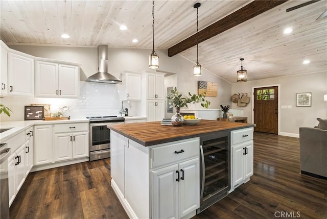 15320 Forest Ranch Way, Forest Ranch, CA 95942 - kitchen with butcher block countertops, beverage cooler, appliances with stainless steel finishes, wall chimney range hood, and a center island