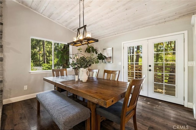 15320 Forest Ranch Way, Forest Ranch, CA 95942 - dining space with wooden ceiling, lofted ceiling, dark wood-style flooring, french doors, and crown molding