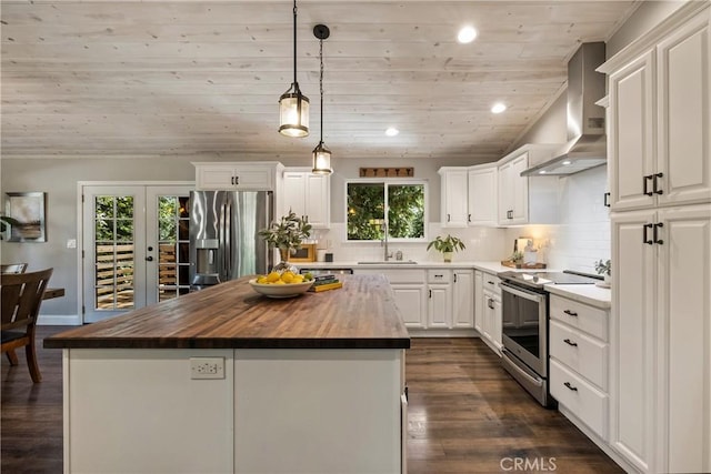 15320 Forest Ranch Way, Forest Ranch, CA 95942 - kitchen with stainless steel appliances, wall chimney exhaust hood, wooden ceiling, wood counters, and white cabinetry
