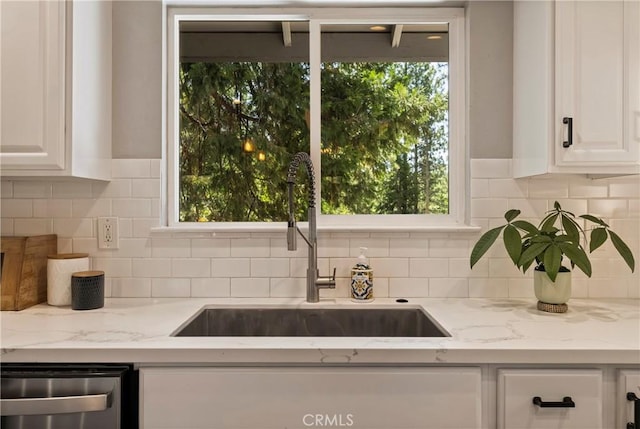 15320 Forest Ranch Way, Forest Ranch, CA 95942 - kitchen featuring dishwasher, white cabinets, tasteful backsplash, and light stone counters