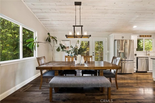 15320 Forest Ranch Way, Forest Ranch, CA 95942 - dining room with wood ceiling, a chandelier, and dark wood-style floors