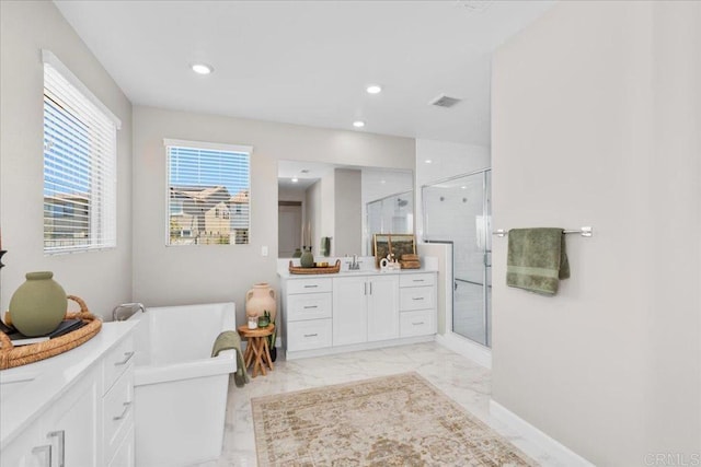 660 Westbrook Loop, San Marcos, CA 92078 - full bath featuring vanity, a stall shower, a soaking tub, marble finish floors, and recessed lighting