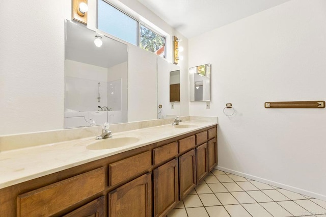 2239 Sunset Dr, Escondido, CA 92025 - bathroom with double vanity, tile patterned floors, and a shower