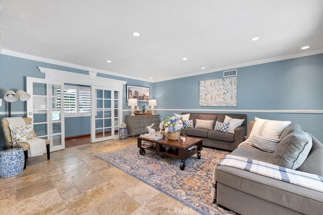 7951 Woodlake Ave, West Hills, CA 91304 - living area featuring french doors, stone tile flooring, recessed lighting, and ornamental molding