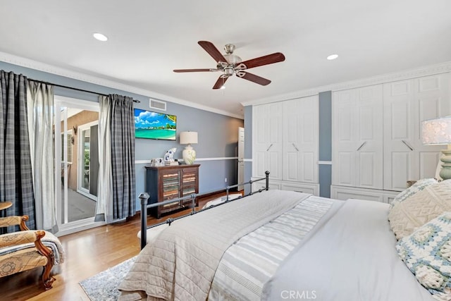7951 Woodlake Ave, West Hills, CA 91304 - bedroom featuring wood finished floors, crown molding, access to exterior, a ceiling fan, and recessed lighting