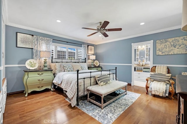 7951 Woodlake Ave, West Hills, CA 91304 - bedroom with ornamental molding, wood finished floors, recessed lighting, and a ceiling fan
