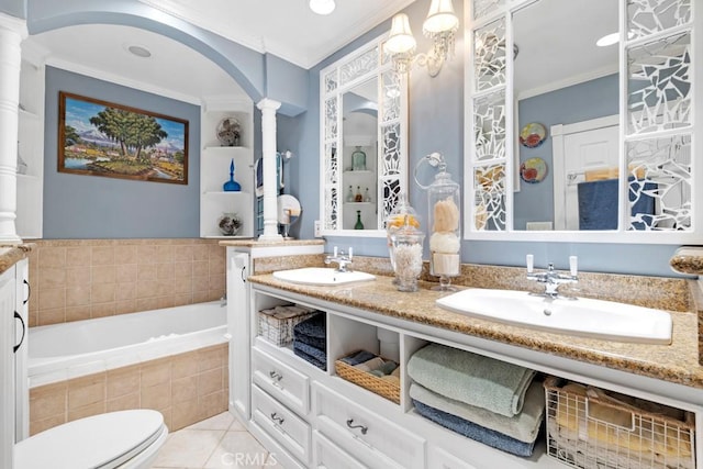 7951 Woodlake Ave, West Hills, CA 91304 - bathroom with ornate columns, crown molding, double vanity, tile patterned flooring, and a bath