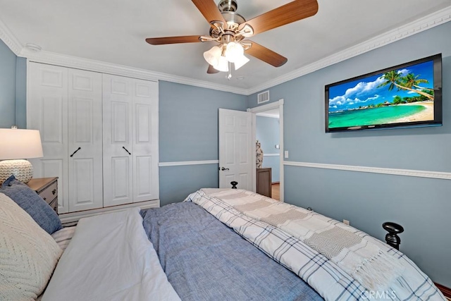 7951 Woodlake Ave, West Hills, CA 91304 - bedroom featuring a ceiling fan, a closet, and ornamental molding