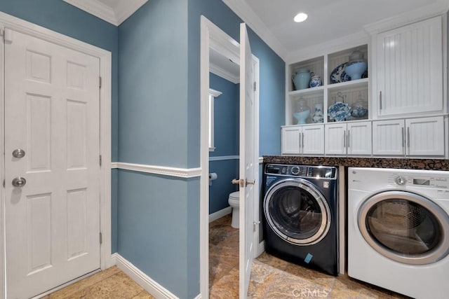 7951 Woodlake Ave, West Hills, CA 91304 - washroom with washing machine and dryer, ornamental molding, cabinet space, and recessed lighting