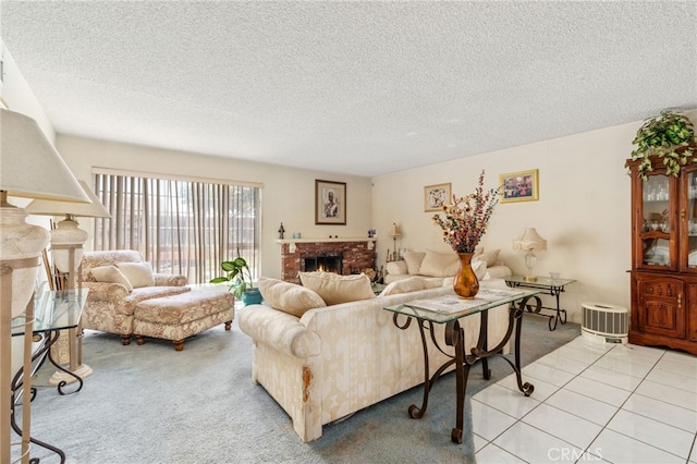 19722 Tajauta Ave, Carson, CA 90746 - living room with a textured ceiling, a brick fireplace, and light carpet
