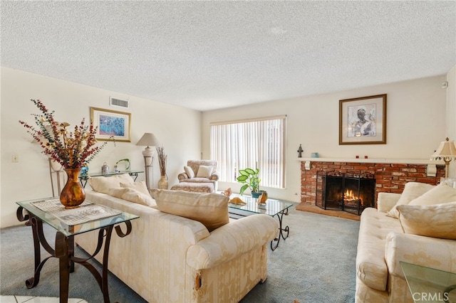 19722 Tajauta Ave, Carson, CA 90746 - carpeted living room featuring a fireplace and a textured ceiling