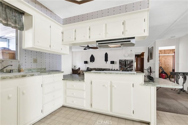 74084 Mercury Cir W, Palm Desert, CA 92260 - kitchen with under cabinet range hood, gas stovetop, a peninsula, white cabinetry, and light countertops