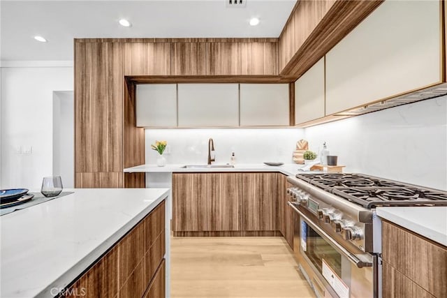 1027 N Lamer St, Burbank, CA 91506 - kitchen with stainless steel range, modern cabinets, light wood-type flooring, brown cabinetry, and recessed lighting