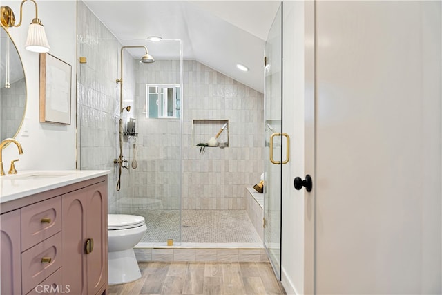 229 S Kingsley Dr, Los Angeles, CA 90004 - bathroom featuring vanity, a stall shower, and wood finished floors