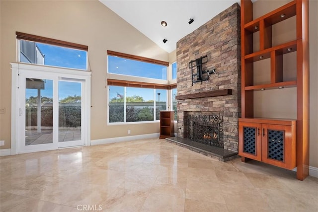 33551 Sandcastle Ct, Dana Point, CA 92629 - unfurnished living room with a fireplace and high vaulted ceiling