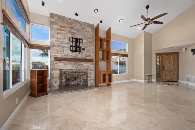 33551 Sandcastle Ct, Dana Point, CA 92629 - unfurnished living room with high vaulted ceiling, marble tiled flooring, a ceiling fan, and healthy amount of natural light