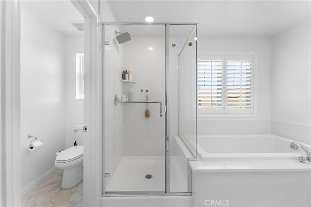 835 Orangedale Ave, Redlands, CA 92374 - full bath featuring a bath, a stall shower, and marble look tiles