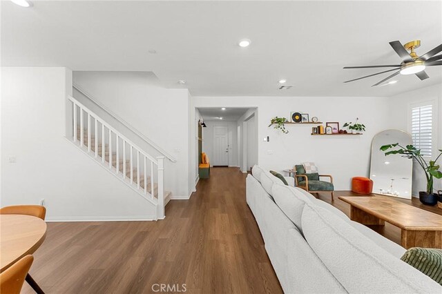 835 Orangedale Ave, Redlands, CA 92374 - living room with wood finished floors, stairway, recessed lighting, and a ceiling fan