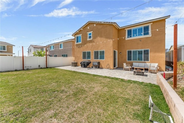 835 Orangedale Ave, Redlands, CA 92374 - rear view of property with an outdoor living space with a fire pit, stucco siding, a fenced backyard, and a patio