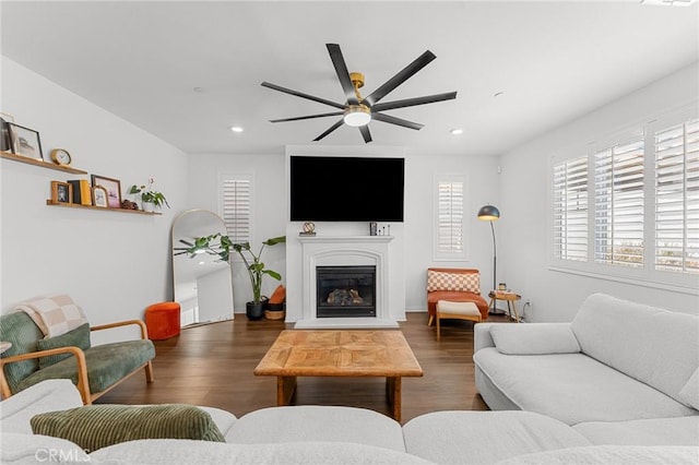 835 Orangedale Ave, Redlands, CA 92374 - living area featuring ceiling fan, recessed lighting, wood finished floors, and a glass covered fireplace