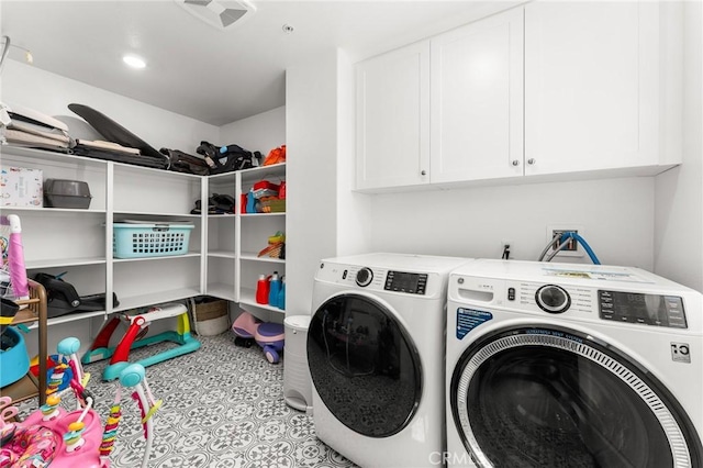 835 Orangedale Ave, Redlands, CA 92374 - washroom featuring washing machine and clothes dryer, cabinet space, tile patterned flooring, and recessed lighting