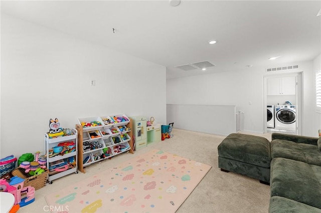 835 Orangedale Ave, Redlands, CA 92374 - playroom featuring washing machine and clothes dryer, carpet floors, and recessed lighting