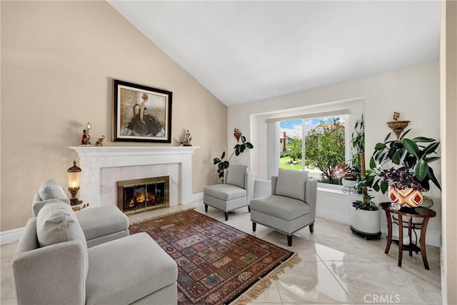 5999 Cedar Mountain Dr, Rancho Cucamonga, CA 91737 - living area featuring a high end fireplace, vaulted ceiling, and light marble finish flooring