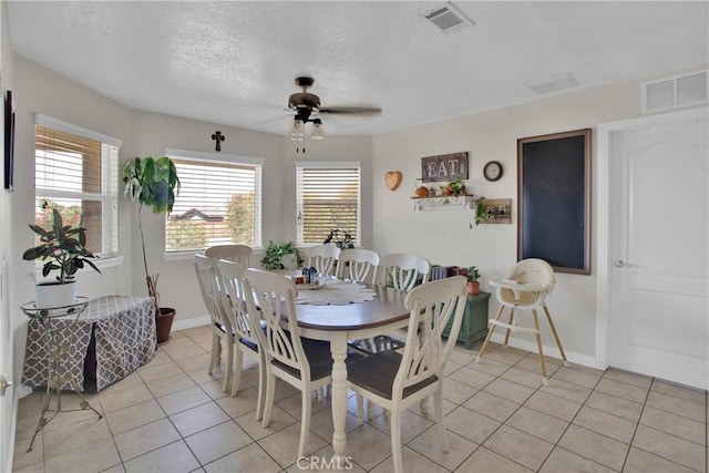 7330 Smoke Tree Rd, Phelan, CA 92371 - dining room featuring plenty of natural light, ceiling fan, light tile patterned flooring, and a textured ceiling